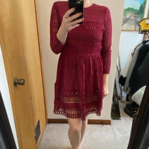 NWT ASOS Burgundy Crochet Long Sleeve Mini - Picture 6 of 9